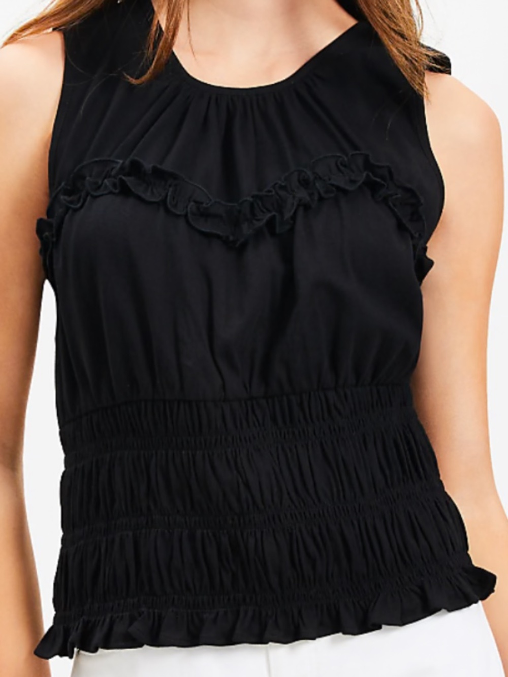 Ann Taylor LOFT Smocked Ruffle Tank Top, Black, Size Large